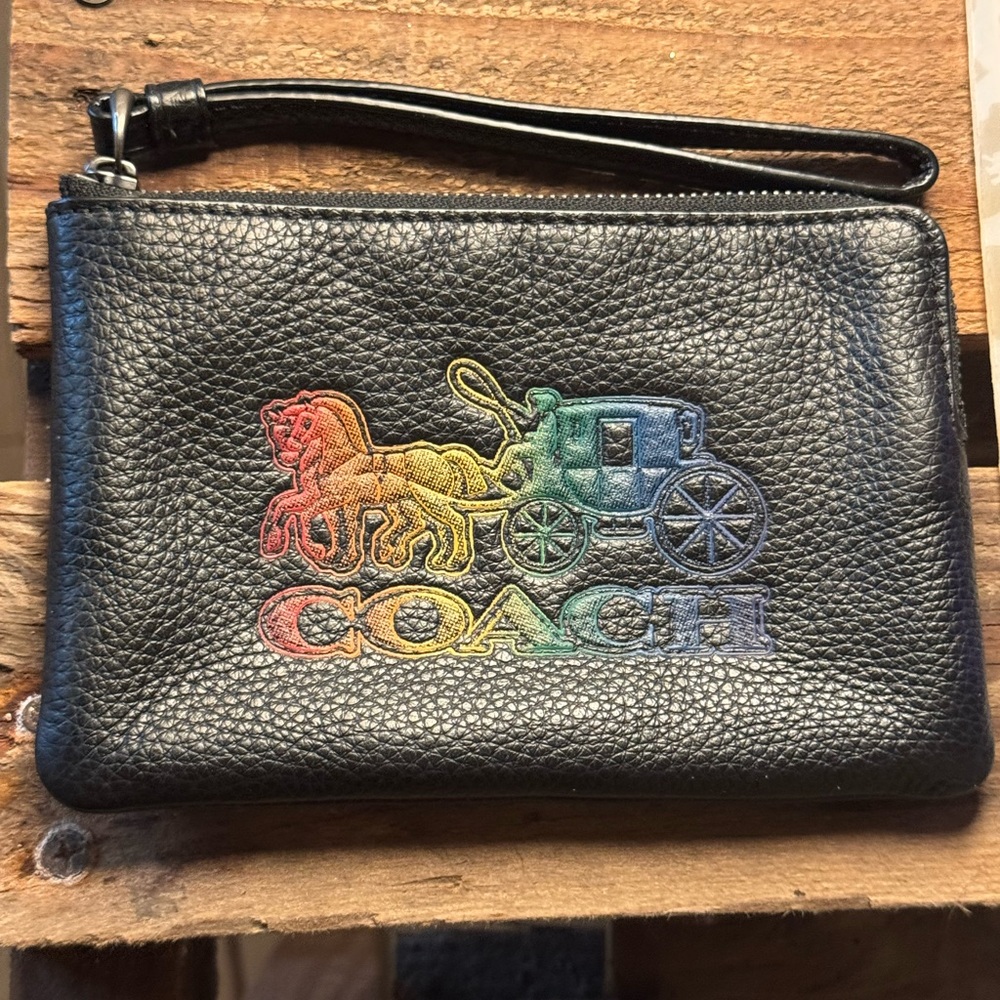 Coach wristlet with the carriage multicolor with red interior